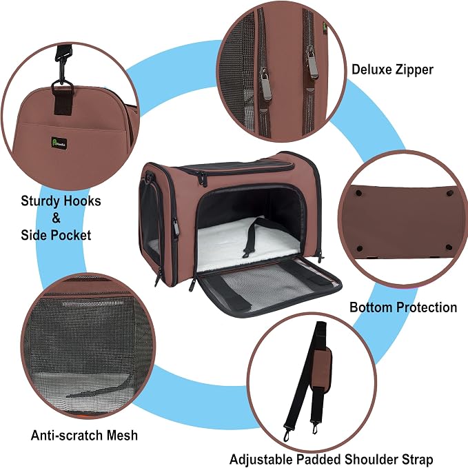 Soft Sided Carrier for Small Medium Cats Dogs,Removable Pad Collapsible Travel Pet Carrier Large Brown - Image 3