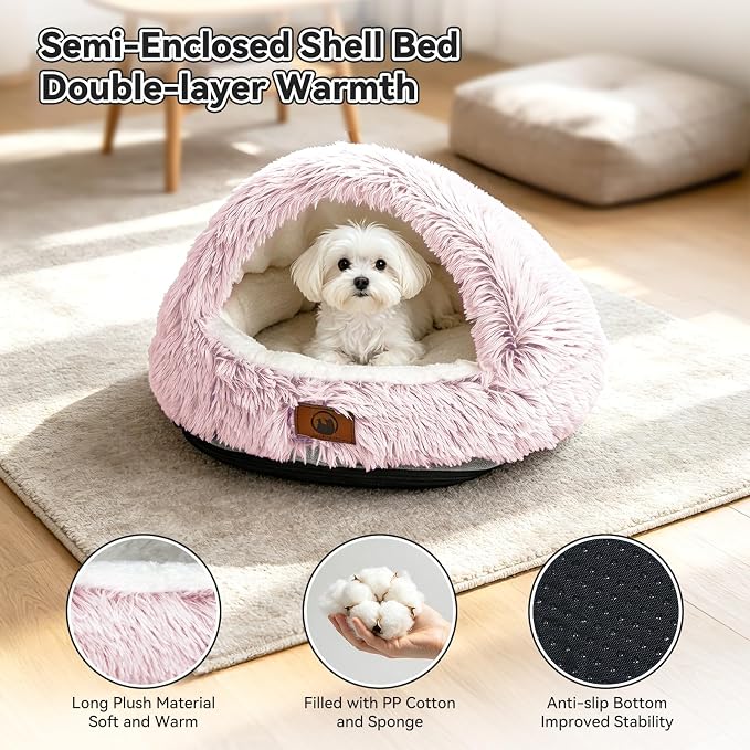 YooxArmor Round Covered Cat Bed Cave Dog Bed for Small Medium Pets,Pink,M | Cozy,Washable,Windproof,Hooded Cat Bed Cave,Self Warming Anti-Anxiety House with Fluffy Cover - Image 2