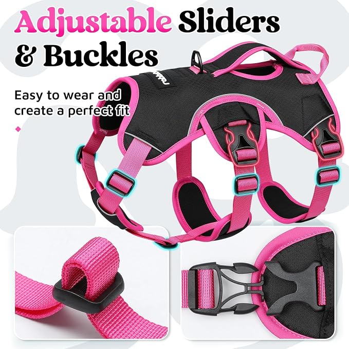 rabbitgoo Escape Proof Dog Harness for Large, No Pull with Lift Handle | No Escape, Full Soft Padded, Reflective Adjustable Vest, Leash Clip for Walking Hiking Training, Rose & Black, Large - Image 6