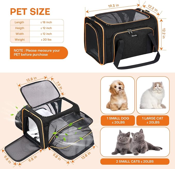 Pet Carrier, Large Soft Sided Expandable Travel Carrier with Steel Frame, Anti-Scratch Mesh, Removable Fleece Pad and Pockets for Cats, Dogs and Small Animals up to 15 lbs (Black, 5 Sides Expandable) - Image 7