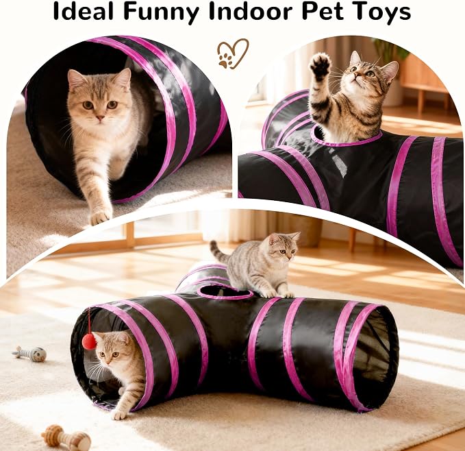 Tempcore Cat Tunnel for Indoor Cats, 3 Way Collapsible Pet Play Tunnel with Teaser Wand, Peek Holes & Hanging Ball, Interactive Tube for Kittens & Rabbits, Black & Rose Red - Image 6