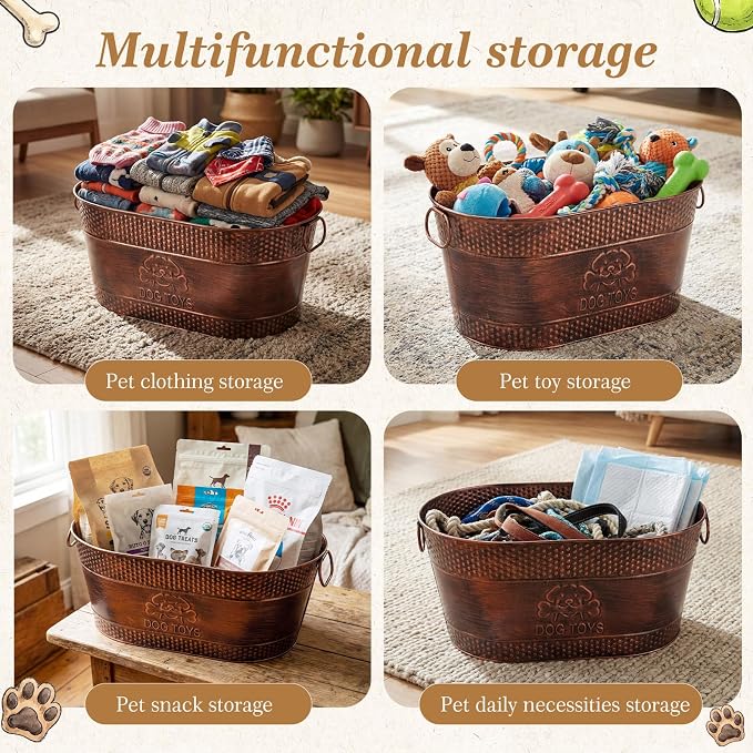 Zonon Metal Dog Toy Storage Bin with Handles 21 Quart Vintage Decorative Basket for Dog Ropes Food Living Room Decor, Galvanized Steel Pet Toy Organizer, 18x11.5x7.5 Inch(Chewing Stick) - Image 7