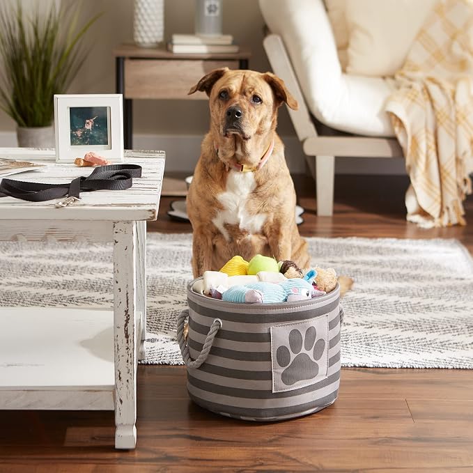 Bone Dry Pet Storage Collection Striped Paw Patch Bin, Small Round, Grayz, Medium Breeds - Image 5