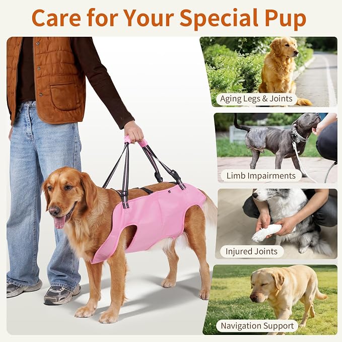 Full Body Dog Lift Harness, Support Senior & Disabled Dogs Walking | Help Up & Down Stairs Grooming, Dog Sling Backpack, Front Hind Leg Joint Injuries, Reflective, Soft Padded Handle | Pink, L - Image 4