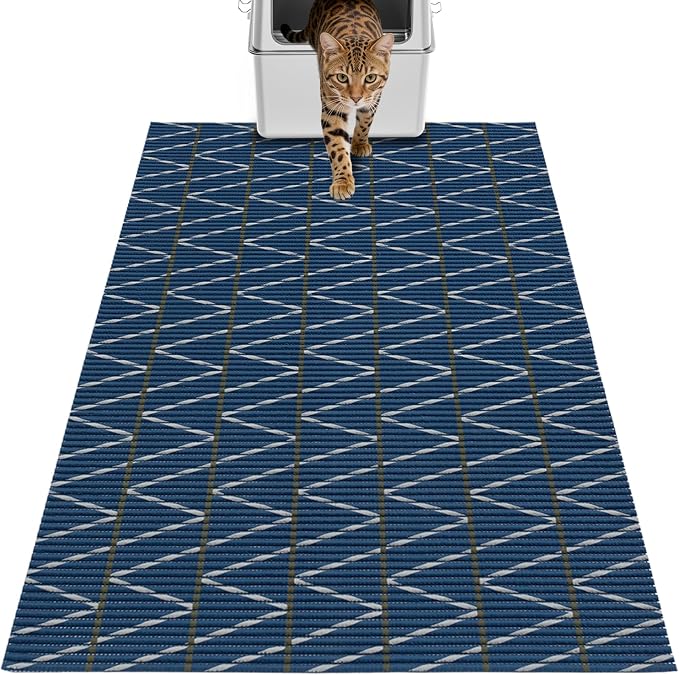 Cat Litter Mat, 40"x25" Jumbo Foam Litter Box Mat | Extra Large Coverage, Soft on Paws, Trimmable Design, BPA-Free Foam, Leak-Proof, Machine Washable, Navy Chevron by Petinstinct