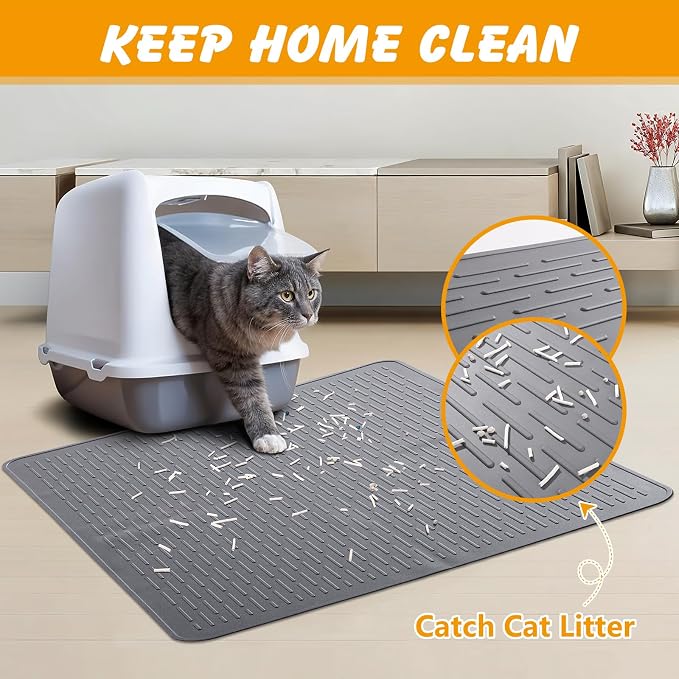 Silicone Cat Litter Mat, Waterproof, Raised Edge, 28 x 20 in, Gray | Quick-clean silicone, leakproof floor protection, non-slip base, doubles as feeding mat - Image 2