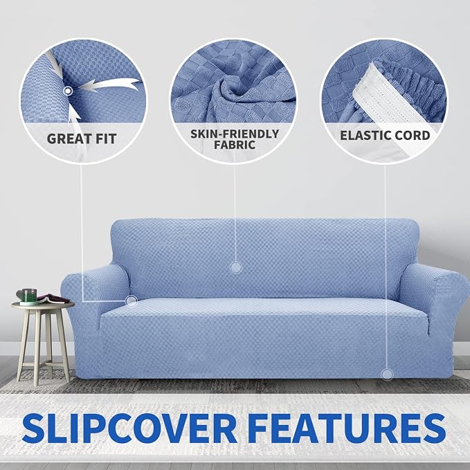 ZNSAYOTX 1 Piece Jacquard Couch Covers for 2 Cushion Couch High Stretch Loveseat Slipcover for Pets Dogs Anti Slip Love Seat Sofa Slipcover Furniture Protector (Medium, Light Blue) - Image 3