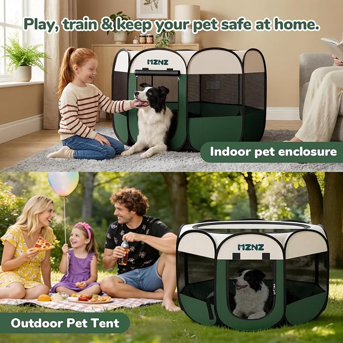 Dog Cat Small Animal Puppy Playpen Crate, Large, Dark Green | Portable Pop Up Pet Cage Enclosure Tent Kennel Indoor Outdoor with Carrying Case, No Assembly, Camping Use - Image 5