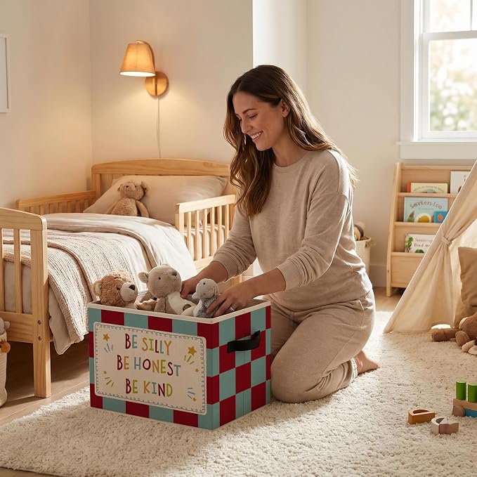 Inspirational Storage Bins Box, Affirmation Collapsible Organizer Basket | uplifting encouraging storage box basket for books clothes, checkerboard organizer for nursery bedroom playroom, 10x14 in - Image 2