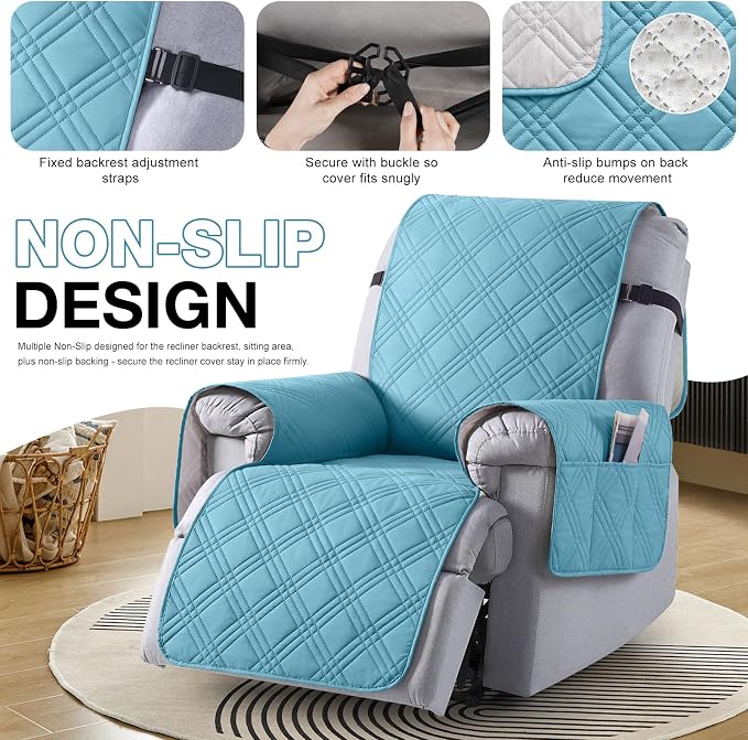 TAOCOCO 100% Waterproof Recliner Chair Covers, Non Slip Recliner Covers for Recliner Chair with Pocket, Washable Reclining Chair Cover Furniture Protector for Kids,Dogs(22'', Sky Blue) - Image 6