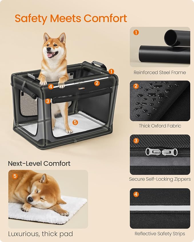Feandrea Collapsible Dog Crate, Portable Travel Crate, 30-Inch | Oxford Fabric Pet Carrier with 4 Mesh Doors, Handles, Storage Pocket, Water Bottle Holder, UPDC017B01 - Image 5