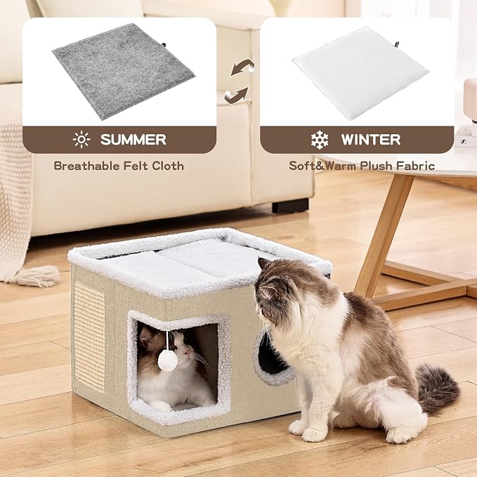 Large Cat Houses for Indoor Cats with Fluffy Ball and Scratch Pad | Foldable Cat Bed Cave for Multiple Pets, Kitten Bed for All Seasons, Non-slip, Hold Up to 30LBS, 16x16x13inch, Khaki - Image 3