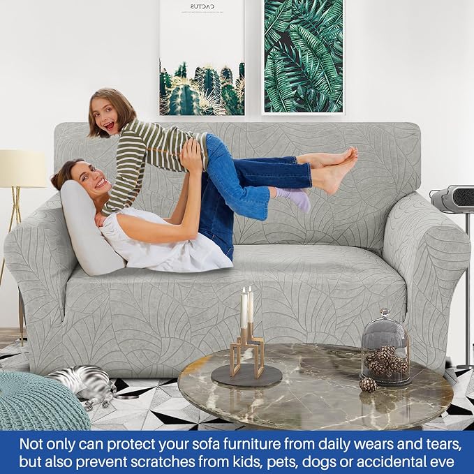 YEMYHOM Couch Cover Latest Jacquard Design High Stretch Sofa Covers for 2 Cushion Couch, Pet Dog Cat Proof Loveseat Slipcover Non Slip Elastic Furniture Protector (Medium, Begonia Leaf Light Grey) - Image 2