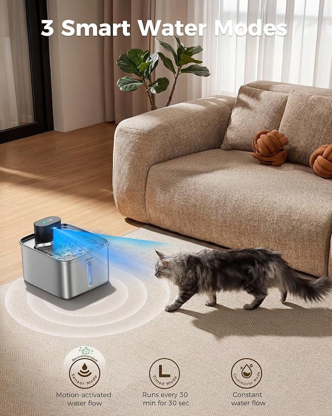 Wireless Cat Water Fountain, 108oz/3L Pump-Free Ultra-Quiet Pet Water Dispenser, Stainless Steel with Multi-Layer Filtration, 3 Smart Modes & Motion Sensor,Automatic Drinking Fountain for Cats Dogs - Image 4