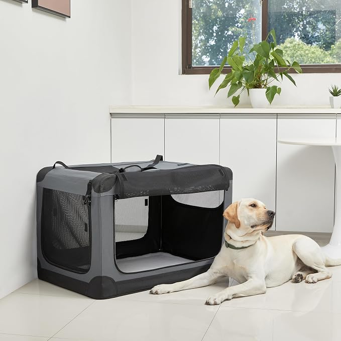 Amazon Basics 4-Door Portable Folding Soft Dog Crate, Collapsible Travel Kennel for Cat, Dog, and Small Animals, Pop Up with Fleece Mat, Water-Resistant Base, Grey, 36" x 24" x 24" - Image 7