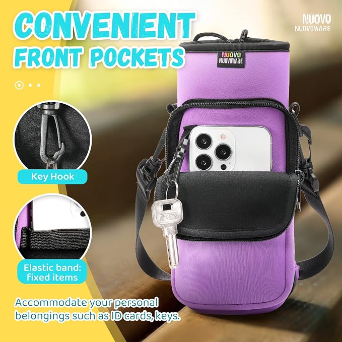 Nuovoware Water Bottle Carrier Bag, 25oz/32oz Bottle Pouch Holder, Adjustable Shoulder Hand Strap 2 Pocket Sling Neoprene Sleeve Sports Water Bottle Bag for Men Women Hiking Travel, Taro Purple | Adjustable Shoulder Hand Strap, 2 Pocket, Neoprene Sleev... - Image 2