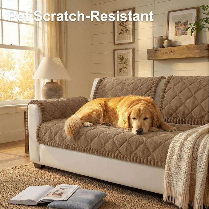 Smiry Non Slip Couch Cover for Dogs, Fuzzy Plush Pet Sofa Protector | Washable Furniture Cover for Large Dogs & Cats, Scratch & Dirt Resistant, For 3 Cushion Couch, Mocha Brown, 27.6"x70.9" - Image 2