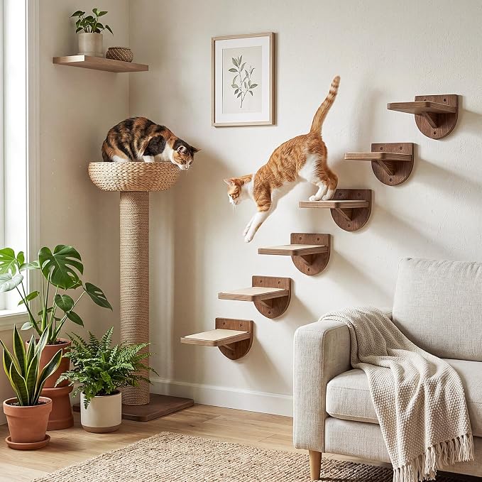 SiliFine Set of 6 Dark Brown Cat Wall Stairs, Climbing Steps, Cat Wall Shelves Perch with Fixtures and Felt 8.7"x4.7" Stairs Natural Birch Wooden | Floating Steps for Playing Climbing - Image 5