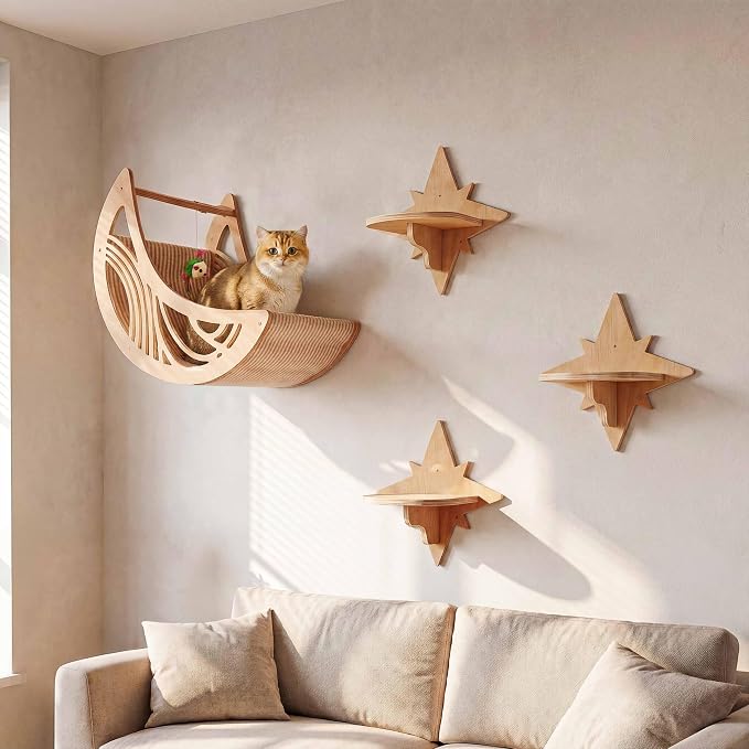 Moon & Star Cat Wall Shelves, Modern Cat Furniture Perch for Indoor Cats | Kitten Shelves with Decorative Cutouts, Space-Saving, Stable & Safe, Paintable, Pre-Drilled, Wood Cat Climbing System - Image 2