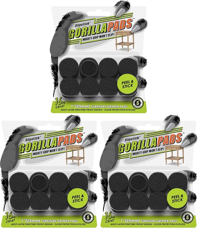 Slipstick GorillaPads CB147 Non Slip Furniture Pads/Gripper Feet (Set of 16) Self Adhesive Rubber Floor Protectors, 1 inch Round, Black (Pack of 3) by Slipstick
