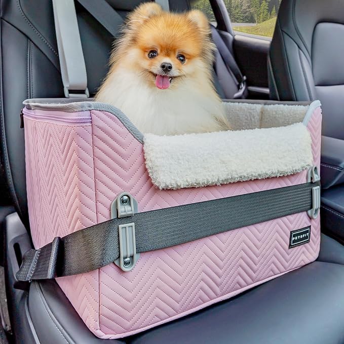 PETSFIT Dog Car Seats for Small Dogs, Portable Puppy Car Saet for Car with Clip-On Leash, Adjustable Straps Suitable for Small Pets Up to 25lbs (Light Pink) by Petsfit