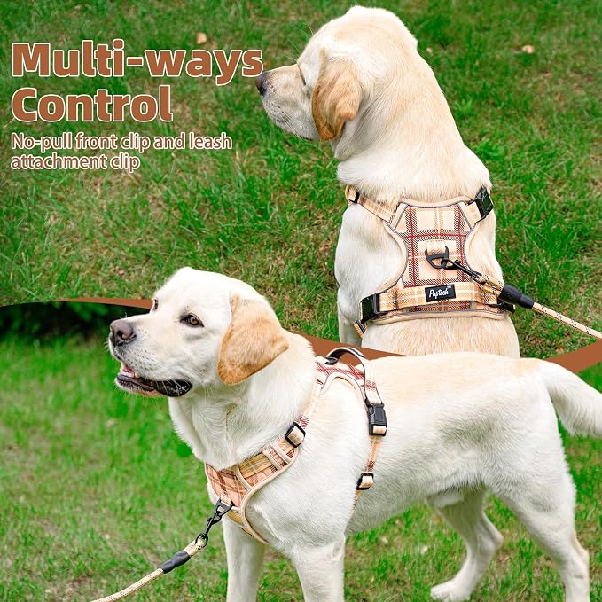 PUPTECK No Pull Dog Harness Medium Sized, Adjustable Reflective Dog Harness with Handle Easy Control, Comfortable Soft Padded Pet Vest Harness for Medium Dogs, Plaid Beige M - Image 4