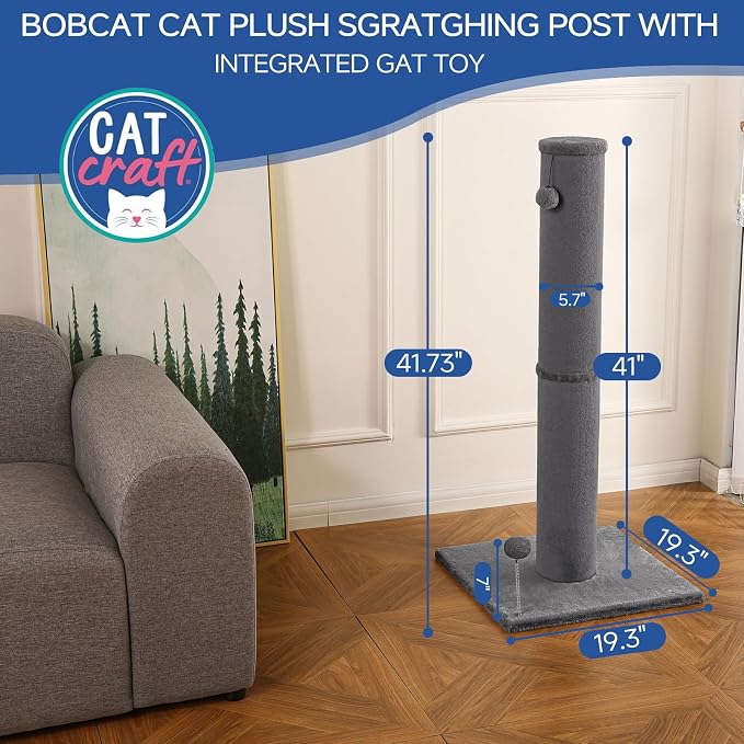 Cat Craft 41" Tall Short Plush Cat Scratching Post for Indoor Cats, Gray | Short Plush Fabric, Stable Wide Base, Replaceable Hanging Ball, Full Stretch Design - Image 3