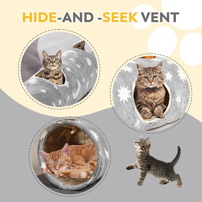 Cat Tunnels for Indoor Cats with Plush Toys Glows in The Dark Dog Cat Tunnel Tube Toys Photoluminescent for Indoor Cats Small Dogs Puppy Kitten Rabbit Bunny Ferret Pet Gray - Image 4