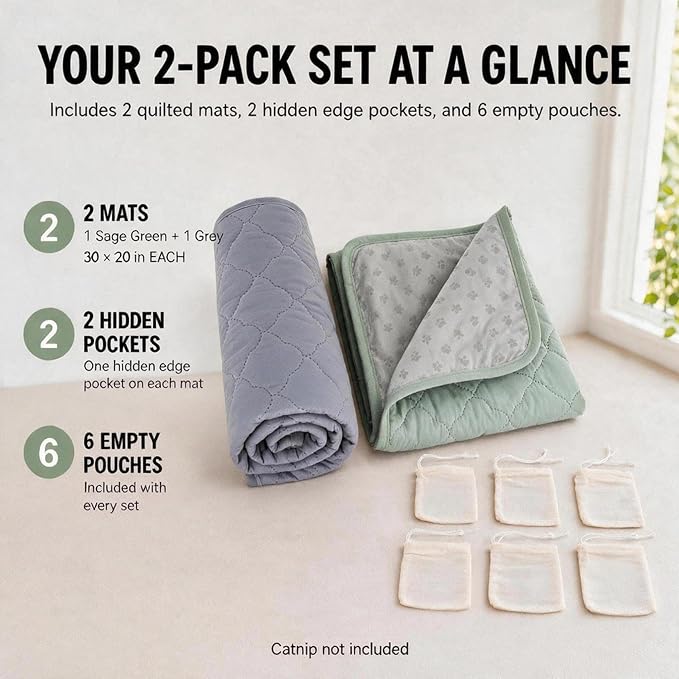 2-Pack Washable Cat Litter Mats, 30 x 20 in, Sage Green/Grey | Absorbent quilted layers with PU barrier, paw-print silicone grip, 2 pockets and 6 empty cotton pouches; catnip not included. - Image 6