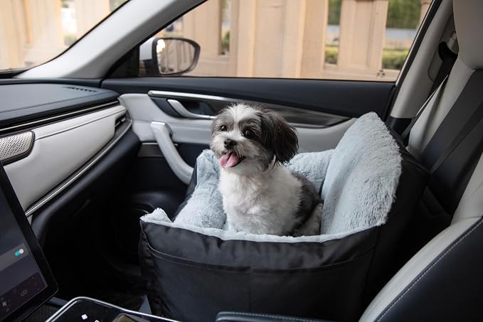 Best Pet Supplies Elevated Dog Car Seat for Small Dogs, Booster Seat with Safety Tether & Storage, Washable Travel Pet Seat for Front or Back Seat, Up to 25 lbs - Black - 21 x 20 x 14 by BestPetSuppliesLLC