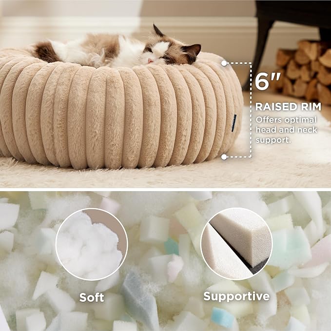 Bedsure ComfyFleece™ Donut Cat Bed for Indoor Cats with Washable Cover | 20x20x6in, Calming Round Kitten Beds,Support Plush Puppy Bed, Removable Corduroy Fleece,Anti Slip Bottom,Sandy Beige - Image 2