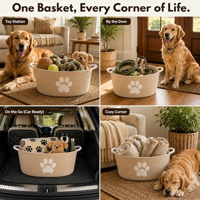 Dog Toy Basket with Handles, Boho Cotton Rope Storage Bin Organizer | Warm boho dog toy organizer, natural woven look. Holds toys, blankets & leashes. Spot washable, collapsible rope bin - Image 6