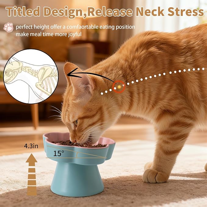 Tilted Cat Bowl, Flower-Shaped Ceramic Slow Feeder Cat Bowl, Raised Pet Bowl for Whisker Relief, Prevents Vomiting & Bloating, Non-Slip Base, Easy to Clean for Dry/Wet Food (Pink & Blue) - Image 4