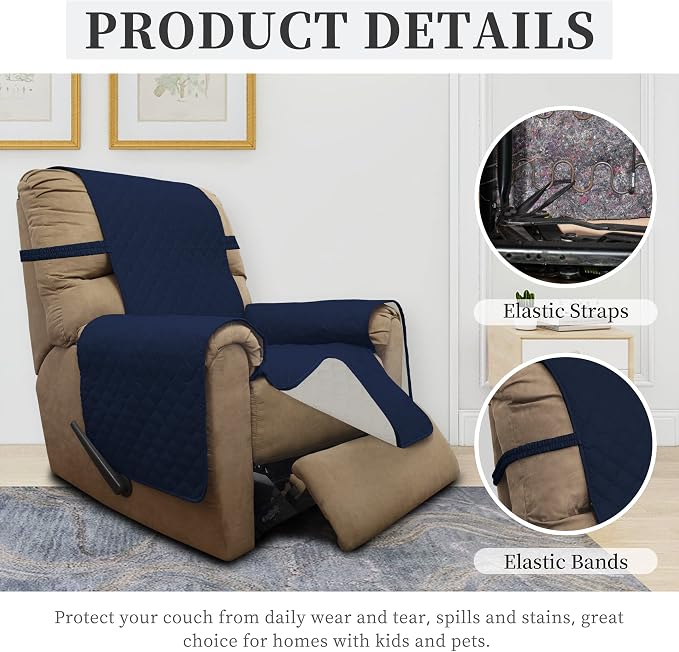 ISSUNTEX Double Protection 100% Waterproof Recliner Covers for Living Room, Reversible Furniture Protector Recliner Couch Sofa Slipcover for Dogs, Pets, Kids (Recliner, Navy/Ivory) - Image 5