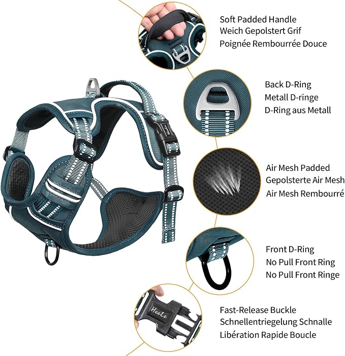 HEELE Dog Harness for Large Dogs No Pull Dog Vest Harness for Large Dog with Soft Padded Handle Reflective for Outdoor Training, Blackish Green, XL | Front Clip for Large Dog Harness, 2 Metal Rings with Handle, Adjustable, Soft Breathable Padded Pet Ve... - Image 2