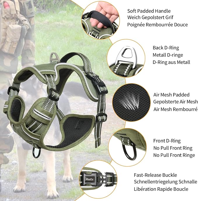 HEELE Dog Harness, No Pull Adjustable Padded Reflective Harness for Small Medium Large Dogs with Handle for Walking Training, Green, M | No Choke with Control Handle, Soft Breathable Padded Pet Vest, Adjustable, Reflective Front Clip Vest for Night Wal... - Image 2