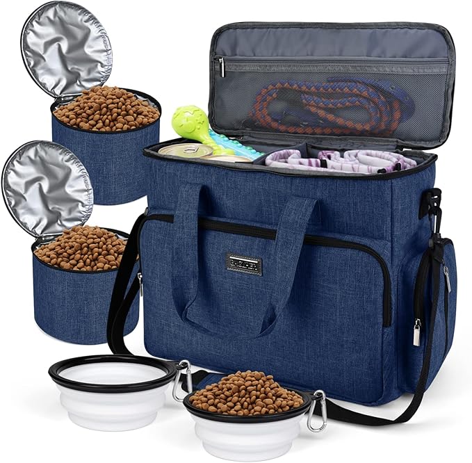 BAGLHER Dog Travel Bag, Pet Travel Bag (ALL Pet Travel Supplies), With 2 Pet Food Containers and 2 Collapsible Silicone Bowls; Essential Kits for Pet Travel Dark Blue by BAGLHER