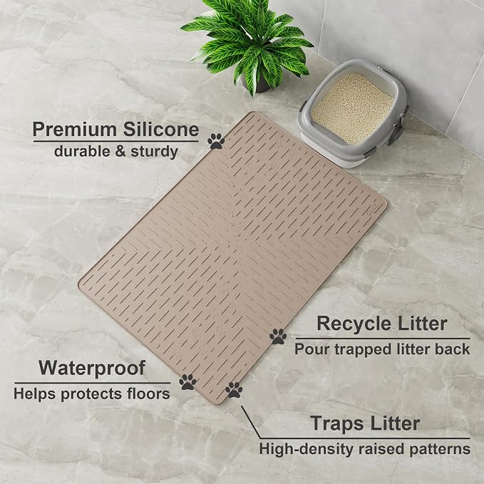 XL Cat Litter Mat, 37.5x25.2 Silicone Trapping Mat Beige | for Kitty Litter Box, Easy Clean, BPA Free Rubber, Center Litter Collection, Easy Pour-Back, Waterproof, Odor-Resistant - Image 2