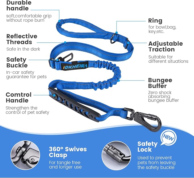 IOKHEIRA 6Ft /4Ft Dog Leash Rope for Large Dogs, Heavy Duty with Comfortable Padded Handle and Highly Reflective Threads,4-in-1 Multifunctional Dog Leashes with Car Seat Belt for Training (Blue) - Image 2