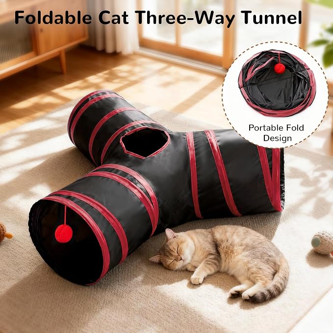 Tempcore Cat Tunnel for Indoor Cats, 3 Way Collapsible Pet Play Tunnel with Teaser Wand, Peek Holes & Hanging Ball, Interactive Tube for Kittens & Rabbits, Black & Red - Image 6