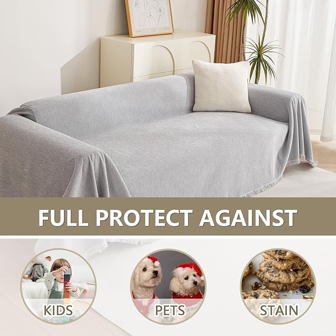 MYSKY HOME Sofa Cover for Dogs Washable for Sofa Boho Couch Cover, Cover for Sofa Couch Cover Blanket Thick Durable Sectional Couch Covers Furniture Protector, 71"x 150", Light Gery - Image 5