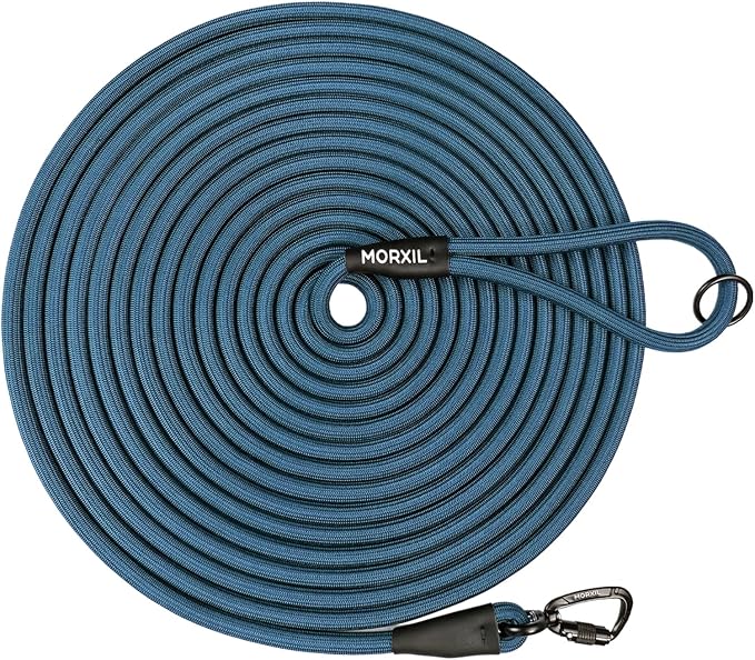Long Dog Leash, 10ft 30ft 50 feet Heavy Duty Dog Training Leash, Aviation Aluminum Auto Locking Carabiner, Nylon Rope Long Line Check Cord Recall Lead for Yard,Playing,Camping,Navy Blue,50FT by MORXIL