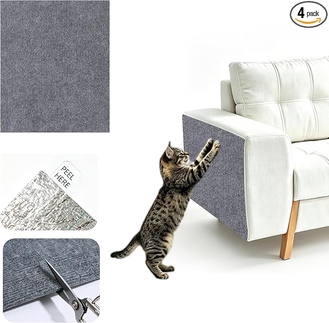4Pcs Grey Cat Scratch Protector,11.8"x15.8" 4mm Scratch Pad for Cats | Trimable Cat Scratchers for Indoor Cats, Easy Peel Tab Self-Adhesive Guards for Couch Sofa Wall Cat Tree & Cat Wall Furniture by Unknown