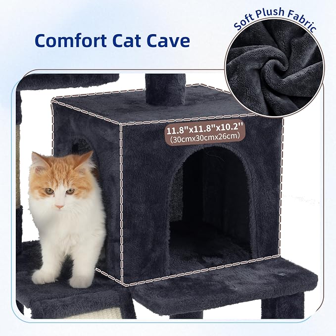 Cat Tree Tower Multi-Level with 2 Scratching Boards, GCT022G | 55.1 inch Cat Condo House with Hammock for Indoor Cats, 2 Plush Padding Platforms, Basket, Scratching Post, Toys, Dark Gray - Image 3