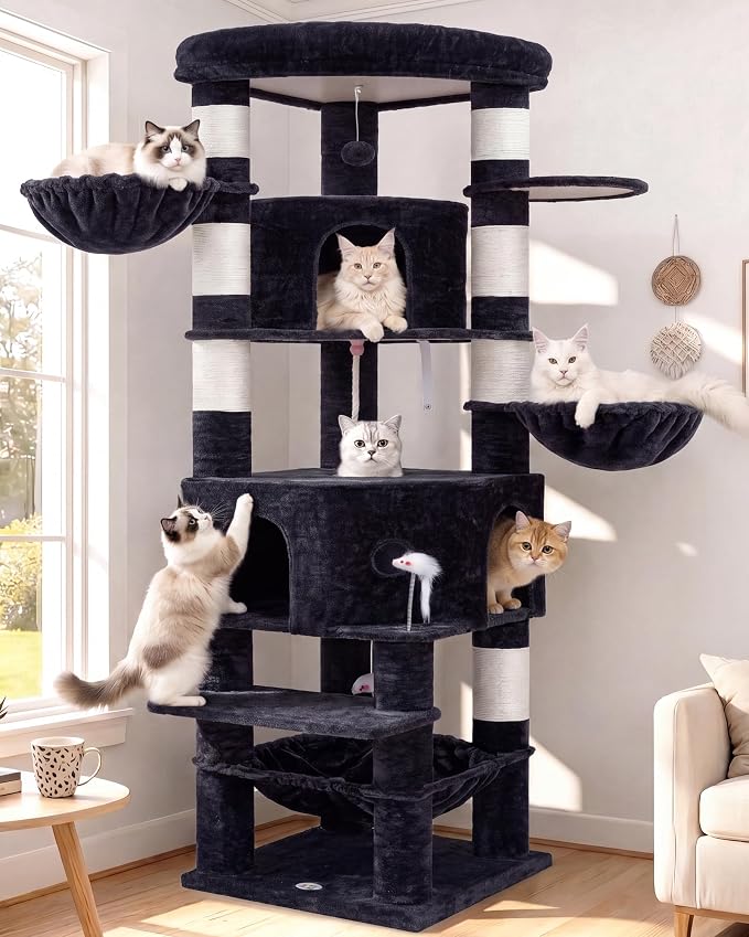 Cat Tree, 81.1" Skyward Corner Cat Tower for Large Cats VCT031G | Space-Smart Cat Furniture with Diamond Hideout, Grand Platform, Firm Base, 3 Soft Hammock & Pet Relax Station, Dark Gray by VibrissiaHome
