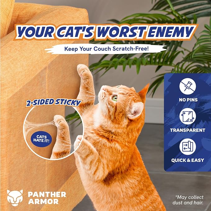 Panther Armor Cat Scratch Furniture Protector, 24 Double-Sided Tape Sheets | Double-sided sticky tape cats dislike touching. Clear couch, sofa and chair corner guard. 10 XL, 10 large, 4 medium - Image 2