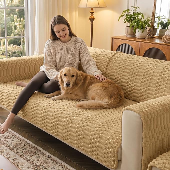 Smiry Waterproof Couch Covers for Dogs Washable, Non Slip Pet Sofa Cover | Plush Scratch Resistant Flannel Furniture Protector for Dogs, Camel, 36" x 94.5" - Image 2