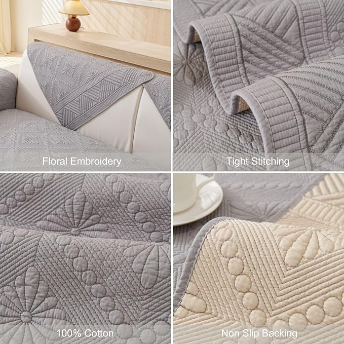 vctops Boho Cotton Quilted Sofa Couch Cover Washable Soft Non Slip Sectional Couch Covers Floral Embroidery Sofa Slipcover for Dogs, Children, Pets Furniture Protector (Grey,36"x82") - Image 7