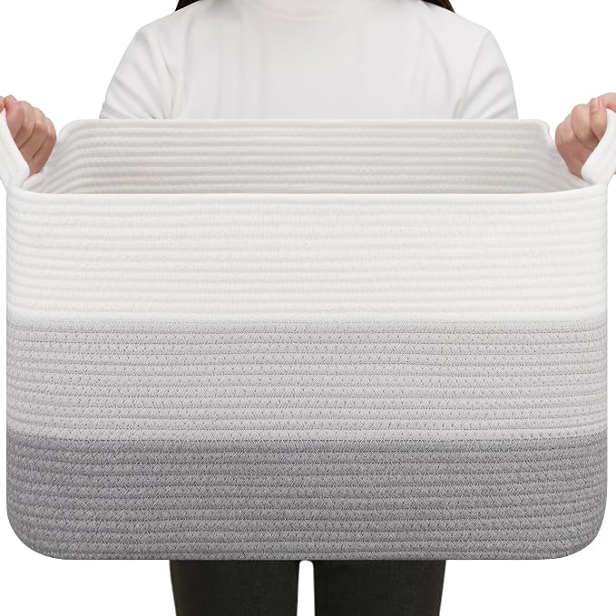 OIAHOMY Rectangle Woven Storage Basket - Nursery Cotton Rope Baskets for Storage, Toy Basket Organizing for Living Room, 17.7"x13.8"x11"- Pack of 3 - Gradient Gray - Image 7