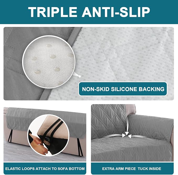 Turquoize 100% Waterproof Sofa Covers Couch Cover for 3 Cushion Couch Triple Non-Slip Sofa Slipcover Washable Furniture Protector for Pets, Kids, Dog (XL Sofa 78", Light Gray) - Image 4